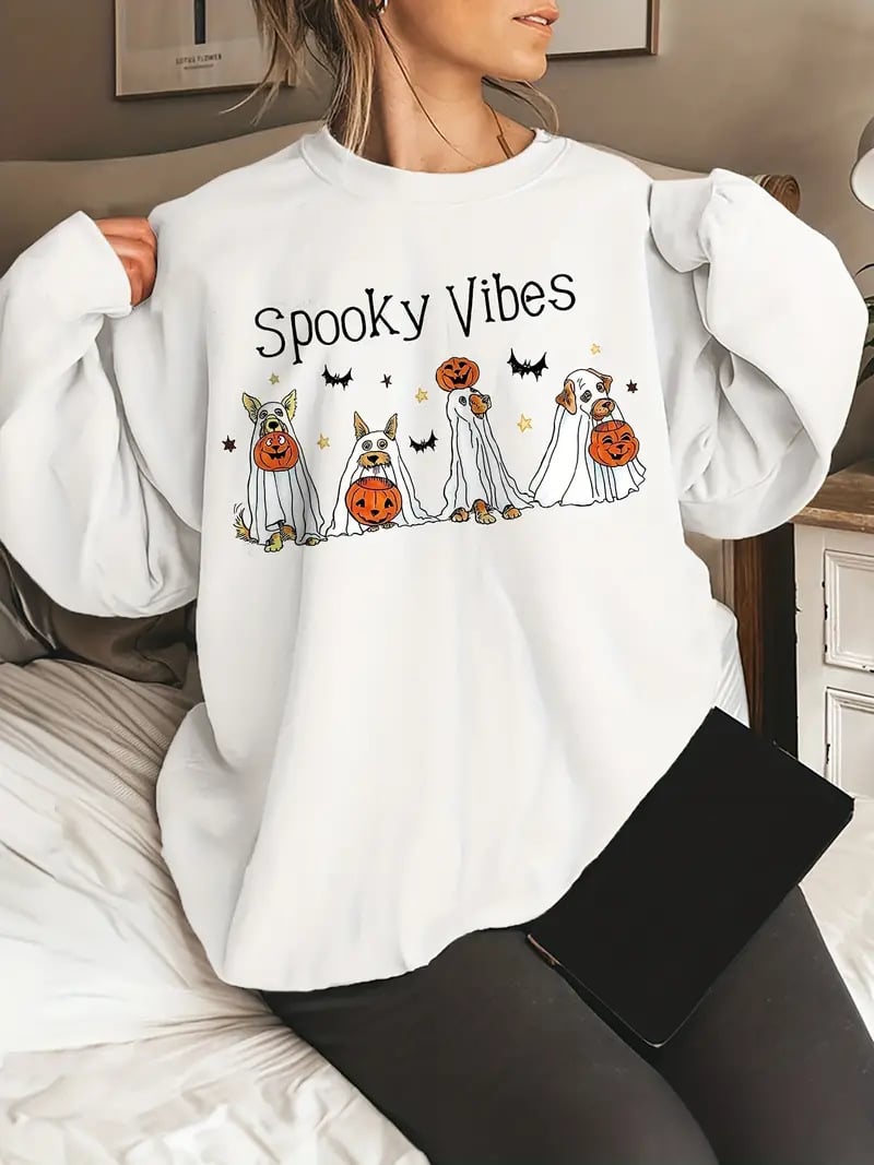 Halloween Dog Print Long Sleeve Casual Sweatshirt
