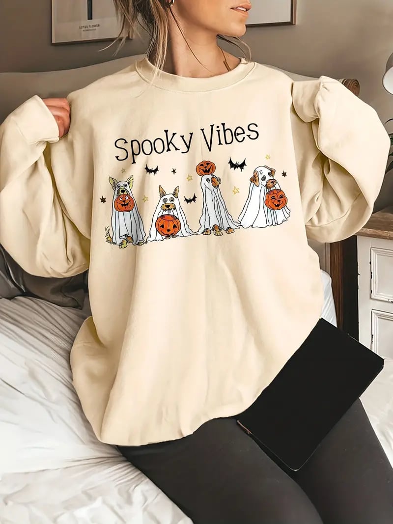 Halloween Dog Print Long Sleeve Casual Sweatshirt